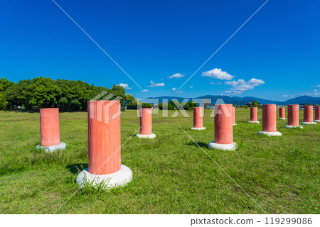 Kashihara City, Nara Prefecture, Fujiwara Palace Site, Reconstructed columns at the south gate of Taikyokuden-in 119299086