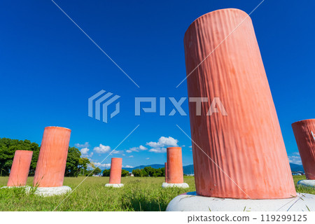 Kashihara City, Nara Prefecture, Fujiwara Palace Site, Reconstructed columns at the south gate of Taikyokuden-in Kashihara City, Nara Prefecture, Fujiwara Palace Site, Reconstructed columns at the south gate of Taikyokuden-in 119299125