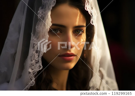 Graceful Devotion Portrait of a Young Beautiful Woman Participating in a Church Procession on the Streets of a Spanish City. created with Generative AI 119299165