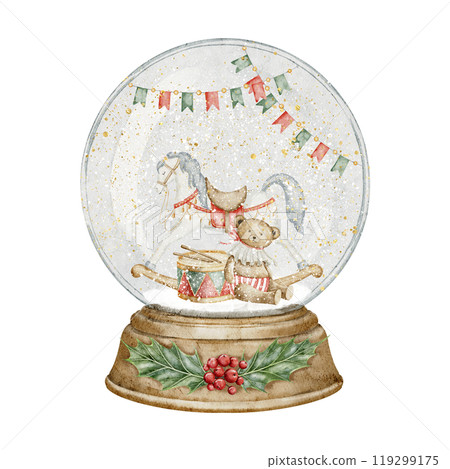 Snow Globe with retro Toys. Watercolor illustration of glass sphere with rocking Horse and Teddy Bear for Christmas greeting cards or New Year invitations. Drawing of transparent round winter decor. 119299175