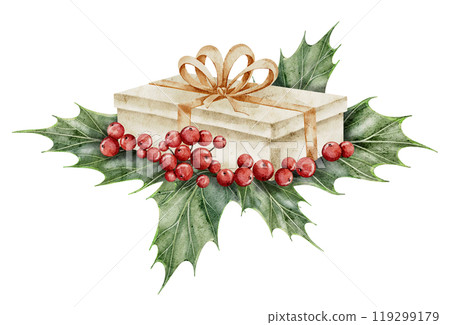 Present with golden ribbon surrounded holly berries and green leaves. Watercolor illustration of beige gift box and Christmas plants for holiday greeting cards or new year party invitations. Present with golden ribbon surrounded holly berries and green leaves. Watercolor illustration of beige gift box and Christmas plants for holiday greeting cards or new year party invitations. 119299179