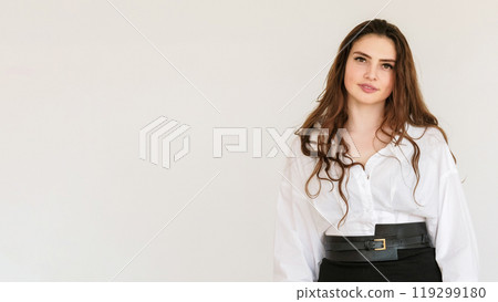 Office beauty. Female confidence. Portrait of successful relaxed pretty business woman smiling isolated on white empty space background. 119299180