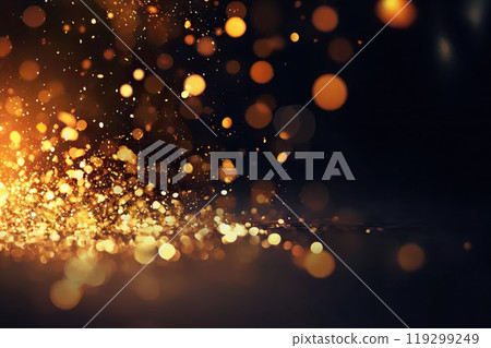 Mystical Midnight Glow Abstract Blur Bokeh Background with Ethereal Gold Lights Illuminating the Black Canvas, Creating an Enigmatic Atmosphere. created with Generative AI 119299249