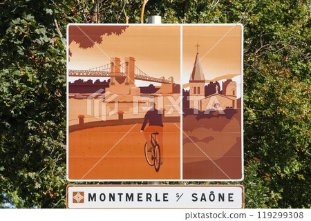 Touristic signboard with the city of Montmerle sur Saone in France Touristic signboard with the city of Montmerle sur Saone in France 119299308