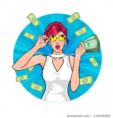 Avatar of woman or business person in various poses, circle background, pop art comics style Avatar of woman or business person in various poses, circle background, pop art comics style 119299400