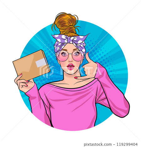 Avatar of woman or business person in various poses, circle background, pop art comics style Avatar of woman or business person in various poses, circle background, pop art comics style 119299404