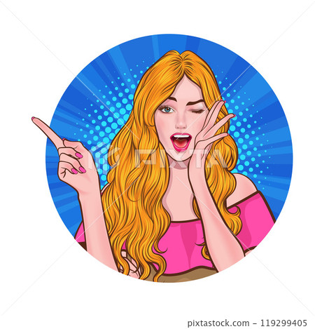 Avatar of woman or business person in various poses, circle background, pop art comics style 119299405