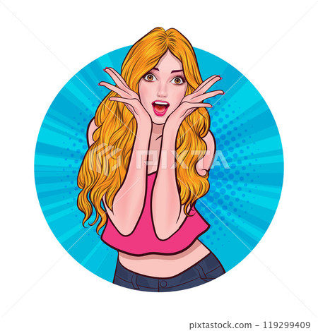 Avatar of woman or business person in various poses, circle background, pop art comics style 119299409