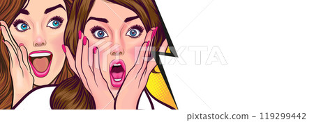 Woman whispering gossip or secret to her friend surprise In Retro Vintage Pop Art Comic Woman whispering gossip or secret to her friend surprise In Retro Vintage Pop Art Comic 119299442