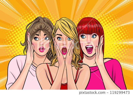 Woman whispering gossip secret to her friend surprise In Retro Vintage Pop Art Comic Style 119299473