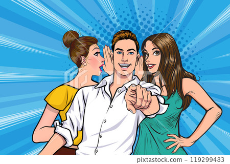people whispering gossip or business secret to friend surprised In Retro Vintage Pop Art Comic Style 119299483