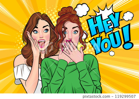 Woman whispering gossip secret to her friend surprise In Retro Vintage Pop Art Comic Style Woman whispering gossip secret to her friend surprise In Retro Vintage Pop Art Comic Style 119299507