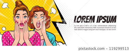 Woman whispering gossip secret to her friend surprise In Retro Vintage Pop Art Comic Style 119299513