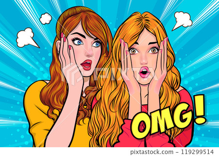 Woman whispering gossip secret to her friend surprise In Retro Vintage Pop Art Comic Style 119299514