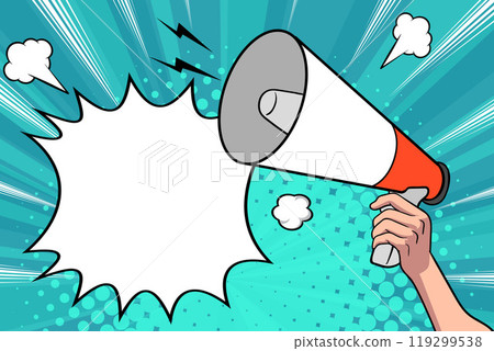 Hand holds megaphone bullhorn in retro pop art comic style Loudspeaker Business banner Hand holds megaphone bullhorn in retro pop art comic style Loudspeaker Business banner 119299538