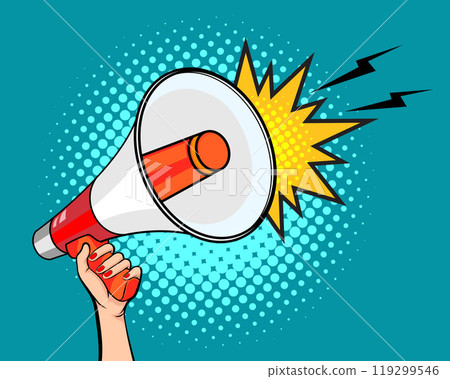 Hand holds megaphone bullhorn in retro pop art comic style Loudspeaker Business banner Hand holds megaphone bullhorn in retro pop art comic style Loudspeaker Business banner 119299546