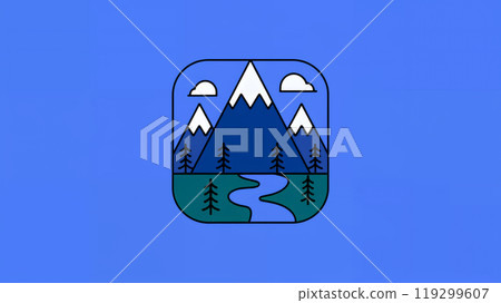 illustration of a web icon with a mountainous landscape with mountains, trees, and a winding river 119299607