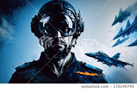 Pilot portrait seamlessly merging with a vibrant sky and various aircraft in action during a bright afternoon 119299749