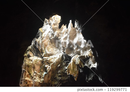 stalagmites and stalactites with sunlight through cave hole in Khao Luang cave travel location on Thailand stalagmites and stalactites with sunlight through cave hole in Khao Luang cave travel location on Thailand 119299771