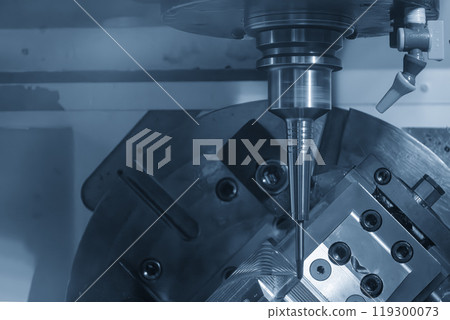 The 5-axis CNC milling machine cutting the automotive part with solid ball nose end mill tool. The 5-axis CNC milling machine cutting the automotive part with solid ball nose end mill tool. 119300073