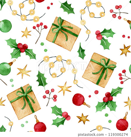 cute christmas watercolor pattern with gifts, candies. seamless print for children, cartoon 119300274