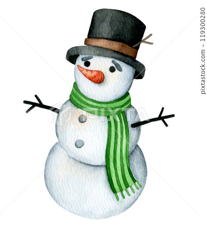 cute watercolor illustration, Christmas snowman. funny character, cartoon cute watercolor illustration, Christmas snowman. funny character, cartoon 119300280