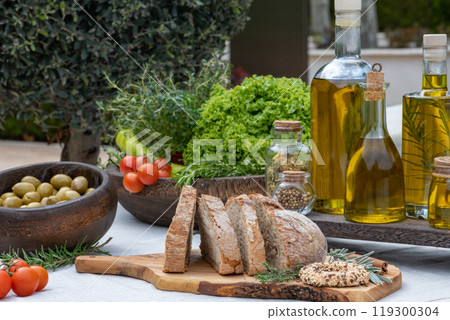 organic whole grain bread on a cutting board organic whole grain bread on a cutting board 119300304