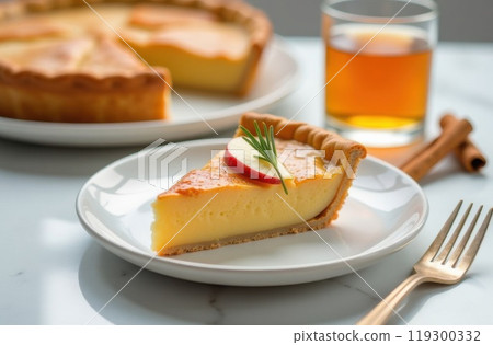 On a plate, there is a delectable slice of pie accompanied by a fork that is ready for someone to enjoy this delightful treat 119300332