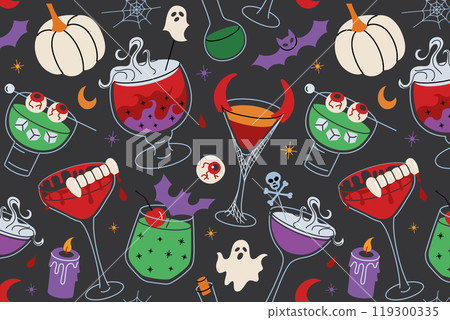 Halloween drinks pattern with spooky cocktails, ghosts, pumpkins, and bats. Creepy seamless design for Halloween parties and seasonal decorations. Vector illustrations in flat cartoon style 119300335