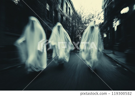 ghost in the abandoned streets. Halloween concept. Toned. ghost in the abandoned streets. Halloween concept. Toned. 119300582
