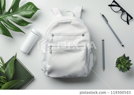 White backpack on a white background with leaves. Back to school concept 119300583