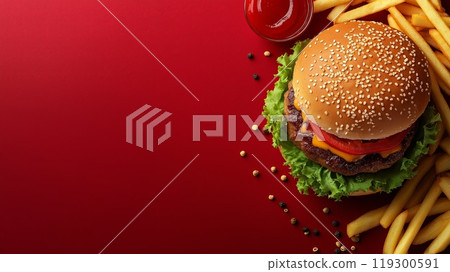 Fast food top view, solid red color background with copy space for text 119300591