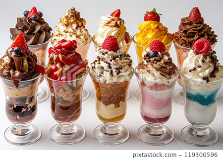 Assortment of sundae desserts in tulip glass cups with variety of flavors and toppings on a white 119300596