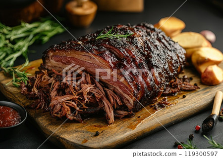 Appetizing Baked pork ribs with rosemary on wooden board, closeup 119300597