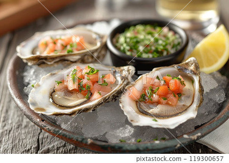 Indulge in Gourmet Oysters, beautifully prepared with Fresh Salsa and delightful Garnishes 119300657