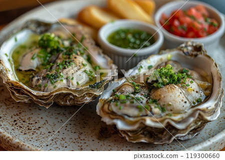 Indulge in Gourmet Oysters, beautifully prepared with Fresh Salsa and delightful Garnishes 119300660