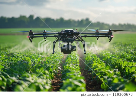 Industrial Drone Agriculture A drone flying high above vibrant green fields sprays useful pesticides 119300673