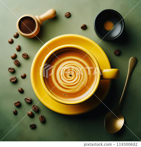 Yellow cup of coffee on isolated brown concrete background close up, banner 119300682
