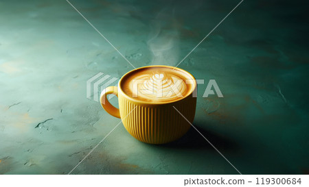 Yellow cup of coffee on isolated brown concrete background close up, banner 119300684