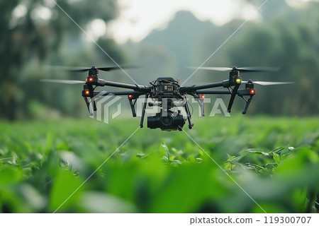 Industrial Drone Agriculture A drone flying high above vibrant green fields sprays useful pesticides 119300707