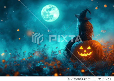 Halloween carved pumpkin and witch sitting on it on the background of the full moon, copy space 119300734