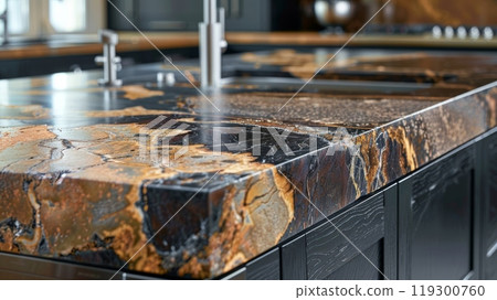 A mesmerizing closeup of a natural stone countertop highlights its dramatic contrast of deep dark tones and bright earthy hues creating a striking and oneofakind surface 119300760