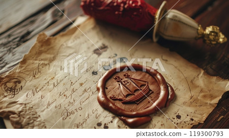 A lavish invitation sealed with a wax emblem of a sailing ship and a crown inviting the elite to a grand ball at a prestigious country estate 119300793