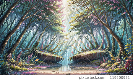 In the forest labyrinth - interwoven tree canopy and mysterious spring 119300951