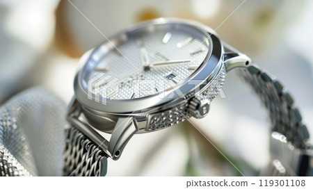 A traditional roundfaced watch with a silver mesh band adorned with intricate detailing on the bezel. This classic timepiece is the epitome of refined sophistication 119301108