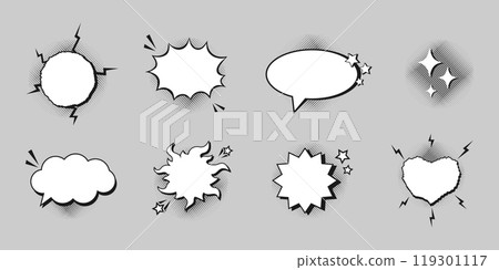 Empty comic speech bubbles decorated with black halftone shadow in pop art style. Various shapes and elements. Vector illustration 119301117
