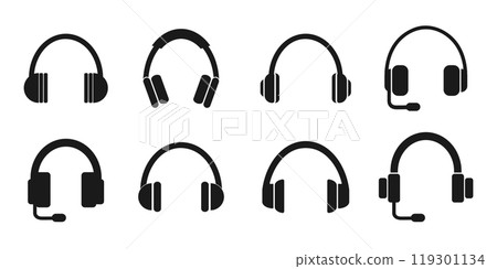 Headphone icon set. Headphone and headset silhouettes collection. Vector illustration Headphone icon set. Headphone and headset silhouettes collection. Vector illustration 119301134