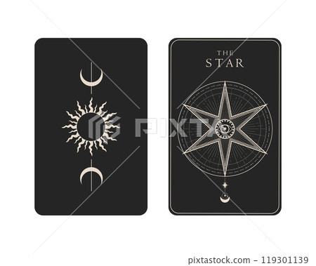 Tarot card of Major Arcana the Star. Tarot card in front and reverse side. Tarot symbolism. Mystery, astrology, esoteric. Vector illustration Tarot card of Major Arcana the Star. Tarot card in front and reverse side. Tarot symbolism. Mystery, astrology, esoteric. Vector illustration 119301139
