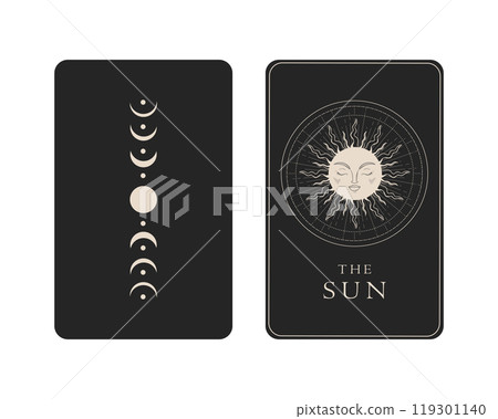 Tarot card with reverse side. The Sun Major Arcana symbol. Tarot symbolism. Mystery, astrology, esoteric. Vector illustration 119301140