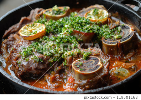 Traditional braised Italian ossobuco alla Milanese served in a cast-iron design stewpot Traditional braised Italian ossobuco alla Milanese served in a cast-iron design stewpot 119301168